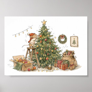 Schattige Muis Versiert Kerstboom voor Dierenliefh Poster