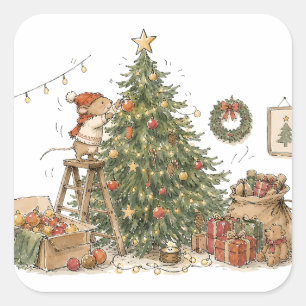 Schattige Muis Versiert Kerstboom voor Dierenliefh Vierkante Sticker