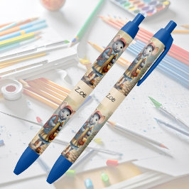 Schattige muismeisje op weg naar school, gepersona zwarte inkt pen
