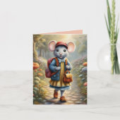 Schattige muismeisje op weg naar school, gewoonte kaart (Voorkant)