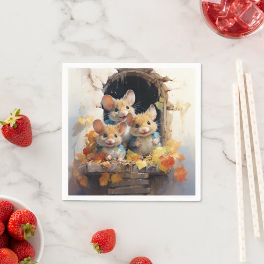 Schattige muizen herfstbladeren, uitkijkend raam servet (Insitu)