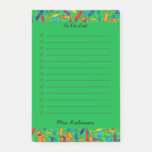Schattige Multi Crayon Teacher To Do List Groen 4 Post-it® Notes (Voorkant)
