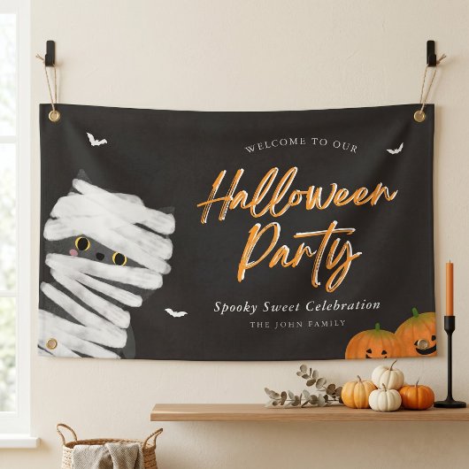 Schattige Mummie Kat Halloween Feest Spandoek