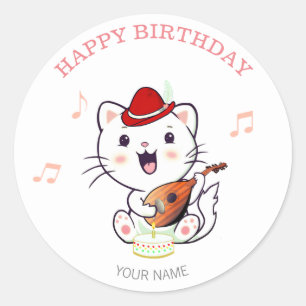 Schattige muzikale kat met mandoline verjaardag ronde sticker