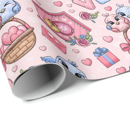 Schattige naadloos patroon met vogeltjes en hartje cadeaupapier (Rol Hoek)