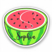 Schattige Naam & Monogram | Kawaii Watermeloen Ler Sticker (Voorkant)