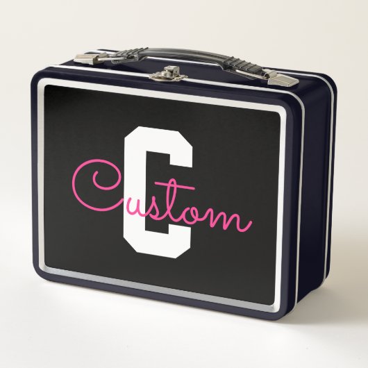 Schattige naam & monogram | Zwart Wit & Roze (Voorkant)