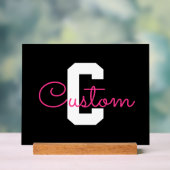 Schattige naam & monogram | Zwart Wit & Roze Acryl Bord (Neutraal)