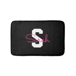 Schattige naam & monogram | Zwart Wit & Roze Badmat
