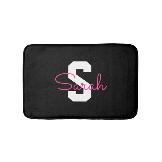 Schattige naam & monogram | Zwart Wit & Roze Badmat (Voorkant)