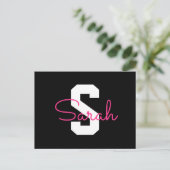 Schattige naam & monogram | Zwart Wit & Roze Briefkaart (Staand voorkant)