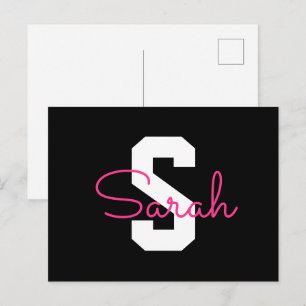Schattige naam & monogram   Zwart Wit & Roze Briefkaart