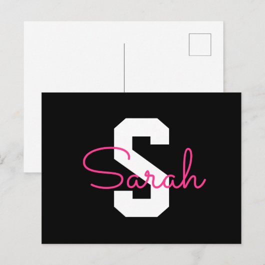 Schattige naam & monogram | Zwart Wit & Roze Briefkaart (Voorkant / Achterkant)