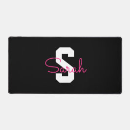 Schattige naam & monogram | Zwart Wit & Roze Bureaumat
