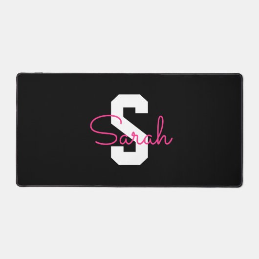 Schattige naam & monogram | Zwart Wit & Roze Bureaumat (Voorkant)