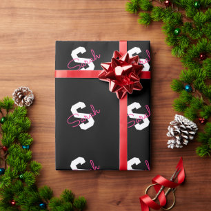 Schattige naam & monogram Zwart Wit & Roze Cadeaupapier