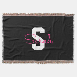 Schattige naam & monogram | Zwart Wit & Roze Deken