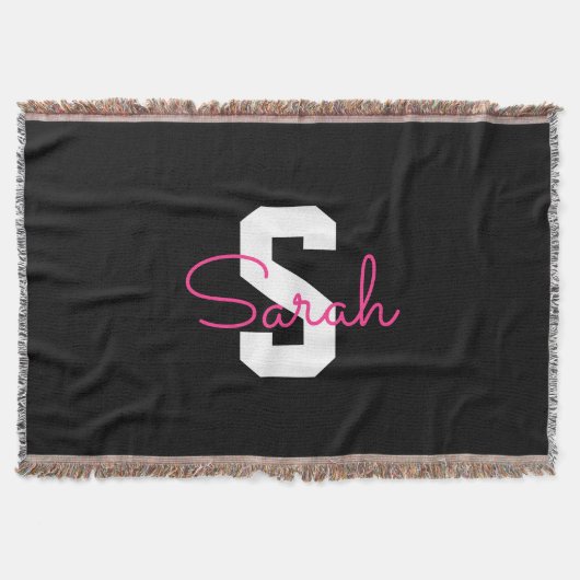 Schattige naam & monogram | Zwart Wit & Roze Deken (Voorkant)