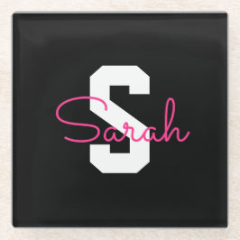 Schattige naam & monogram | Zwart Wit & Roze Glazen Onderzetter