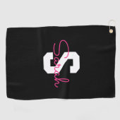 Schattige naam & monogram | Zwart Wit & Roze Golfhanddoek (Horizontaal)