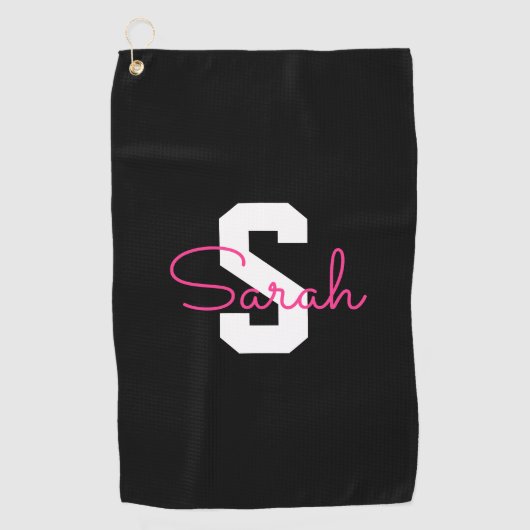Schattige naam & monogram | Zwart Wit & Roze Golfhanddoek (Voorkant)