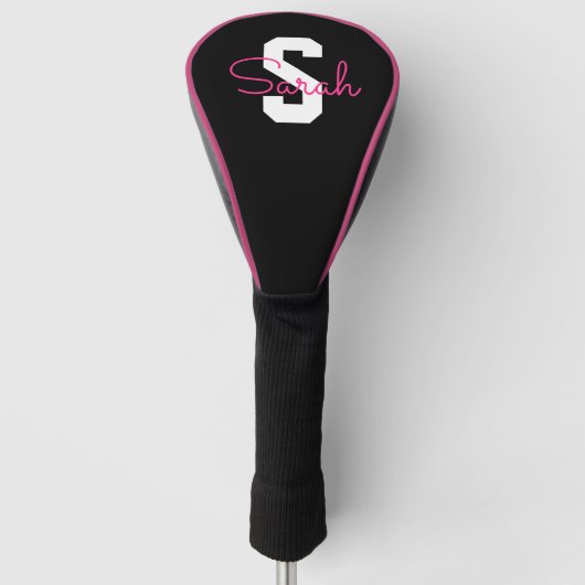 Schattige naam & monogram | Zwart Wit & Roze Golfheadcover (Voorkant)