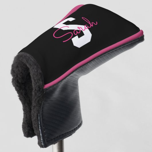 Schattige naam & monogram | Zwart Wit & Roze Golfheadcover (3/4 voorkant)