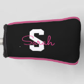 Schattige naam & monogram | Zwart Wit & Roze Golfheadcover (Voorkant)