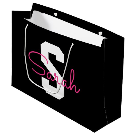 Schattige naam & monogram | Zwart Wit & Roze Groot Cadeauzakje (Voorkant Gekanteld)