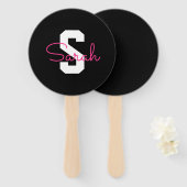 Schattige naam & monogram | Zwart Wit & Roze Handwaaier (Voorkant en achterkant)