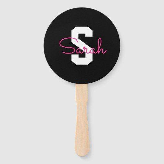 Schattige naam & monogram | Zwart Wit & Roze Handwaaier (Voorkant)