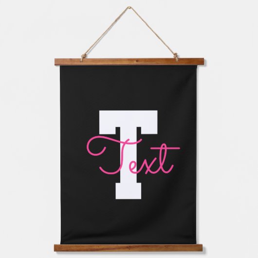 Schattige naam & monogram | Zwart Wit & Roze Hangend Wandkleed (Voorkant)