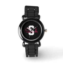 Schattige naam & monogram | Zwart Wit & Roze Horloge