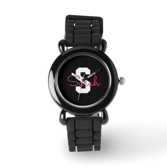 Schattige naam & monogram | Zwart Wit & Roze Horloge (Voorkant)