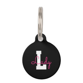 Schattige naam & monogram | Zwart Wit & Roze Huisdierpenning
