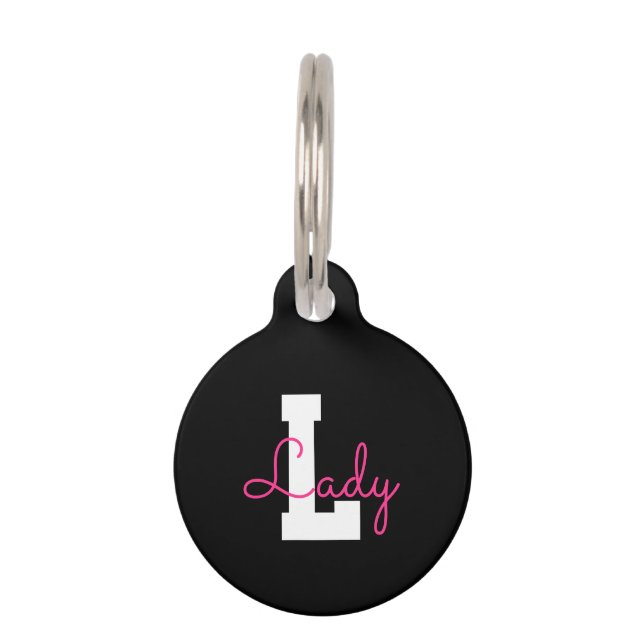 Schattige naam & monogram | Zwart Wit & Roze Huisdierpenning (Voorkant)