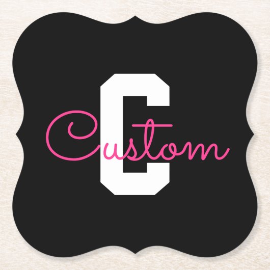 Schattige naam & monogram | Zwart Wit & Roze Kartonnen Onderzetters (Voorkant)
