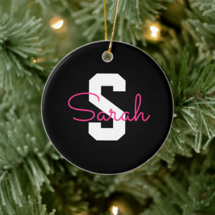 Schattige naam & monogram Zwart Wit & Roze Keramisch Ornament