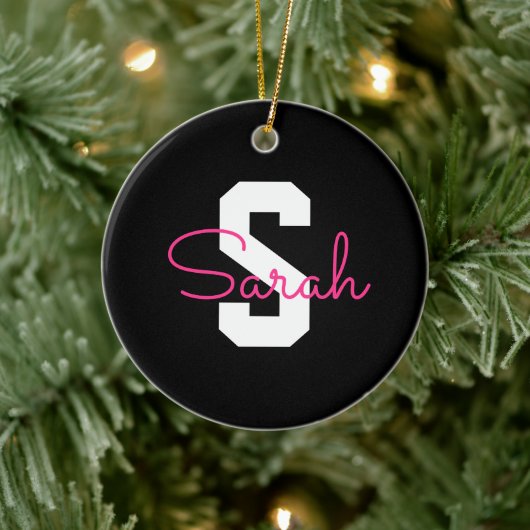 Schattige naam & monogram | Zwart Wit & Roze Keramisch Ornament (Boom)