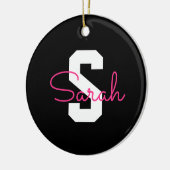 Schattige naam & monogram | Zwart Wit & Roze Keramisch Ornament (Links)