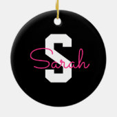 Schattige naam & monogram | Zwart Wit & Roze Keramisch Ornament (Achterkant)