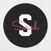 Schattige naam & monogram | Zwart Wit & Roze Labels (Design 1)