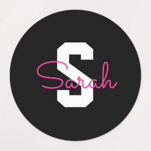 Schattige naam & monogram Zwart Wit & Roze Labels