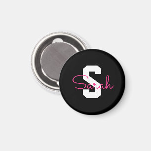 Schattige naam & monogram Zwart Wit & Roze Magneet