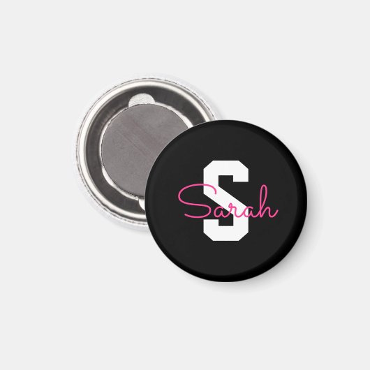Schattige naam & monogram | Zwart Wit & Roze Magneet (Voorkant / Achterkant)
