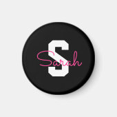 Schattige naam & monogram | Zwart Wit & Roze Magneet (Voorkant)