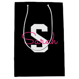 Schattige naam & monogram | Zwart Wit & Roze Medium Cadeauzakje