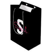 Schattige naam & monogram | Zwart Wit & Roze Medium Cadeauzakje (Achterkant Gekanteld)
