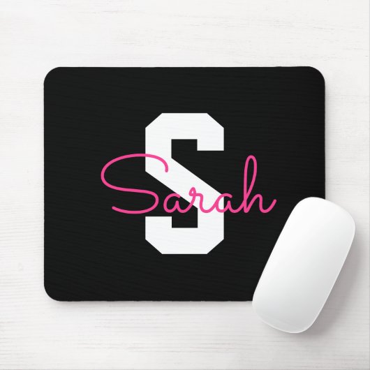 Schattige naam & monogram | Zwart Wit & Roze Muismat (Met muis)