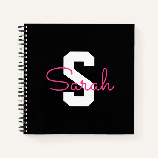 Schattige naam & monogram | Zwart Wit & Roze Notitieboek (Voorkant)